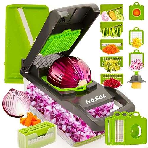 Hasal Vegetable Chopper 16 in 1 with Container - Kitchen Gadgets - Extra Peeler and Cleaning brush - Chopper Vegetable Cutter - Food Chopper - Veggie Chopper - Onion Chopper Dicer - 8 Blades
