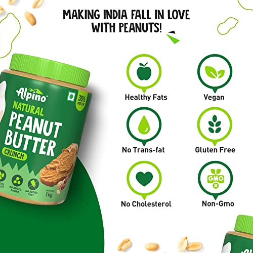 Alpino Peanut Butter Crunch 1 KG / 35 Oz | Made With 100% Roasted Peanuts | No Added Sugar | No Added Salt | No Hydrogenated Oils | 100% Non-GMO | Gluten-Free | Vegan | 35 Ounce (Unsweetened Crunch)
