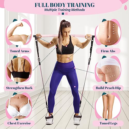 Pilates Bar Kit with Resistance Bands, Multifunctional Yoga Pilates Bar with Heavy-Duty Metal Adjustment Buckle, Portable Home Gym Pilates Resistance Bar for Women Full Body Workouts(20-150LBS)-Pink