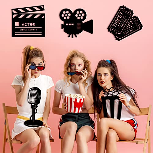 5 Pieces Movie Theater Decor Wooden Home Theater Room Decor Cinema Wall Art Movie Reel Theater Action Popcorn Ticket Sign Movie Night Decor Theme Party Decorations for Home Bedroom Office Studio