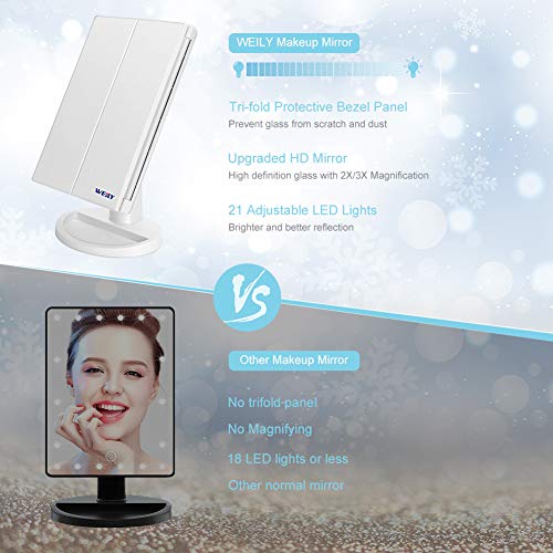 WEILY Makeup Mirror with 21 LED Lights,Two Power Supply, Touch Screen and 1x/2x/3x Magnification Tri-Fold Vanity Mirror, Gift for Women(White)