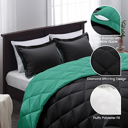 Basic Beyond King Size Comforter Set - Green Comforter Set King, Reversible King Bed Comforter Set for All Seasons, Black/Mint Leaf, 1 Comforter (104"x92") and 2 Pillow Shams (20"x36"+2")