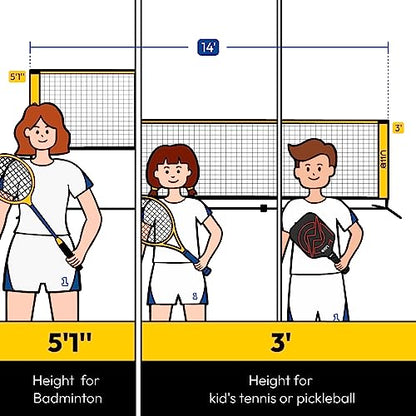 A11N 14ft Badminton Pickleball Net - Height Adjustable for Junior Tennis, Soccer Tennis & Kids Volleyball - Portable for Indoor & Outdoor Play