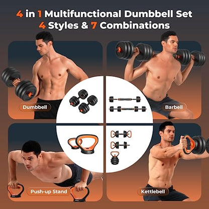 FEIERDUN Adjustable Dumbbells, 50lbs Free Weight Set with Connector, 4 in1 Dumbbells Set Used as Barbell, Kettlebells, Push up Stand, Fitness Exercises for Home Gym Suitable Men/Women