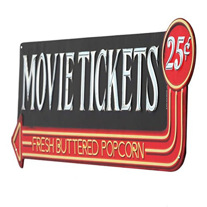 Open Road Brands Movie Tickets 25 Cents Embossed Metal Sign - Large Vintage Movie Room Wall Art with Arrow