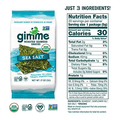 gimMe - Sea Salt - 20 Count - Organic Roasted Seaweed Sheets - Keto, Vegan, Gluten Free - Great Source of Iodine & Omega 3’s - Healthy On-The-Go Snack for Kids & Adults