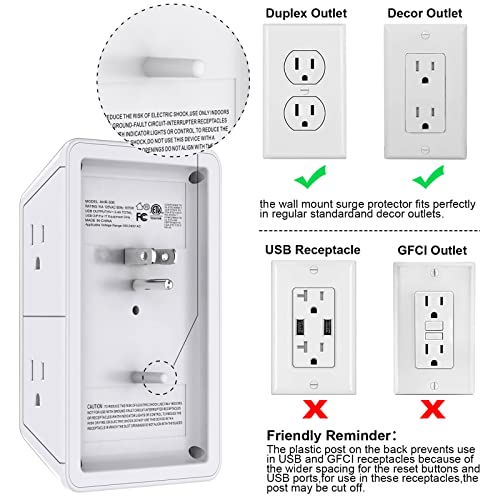 Surge Protector USB Outlet Extender - POWRUI Multi Plug with 6 Outlet Splitter and 3 USB Charging Ports and Night Light,3-Sided Power Strip with Adapter Spaced Outlets - White,ETL