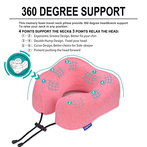 napfun Neck Pillow for Traveling, Upgraded Travel Neck Pillow for Airplane 100% Pure Memory Foam Travel Pillow for Flight Headrest Sleep, Portable Plane Accessories, Rose