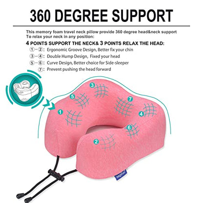 napfun Neck Pillow for Traveling, Upgraded Travel Neck Pillow for Airplane 100% Pure Memory Foam Travel Pillow for Flight Headrest Sleep, Portable Plane Accessories, Rose