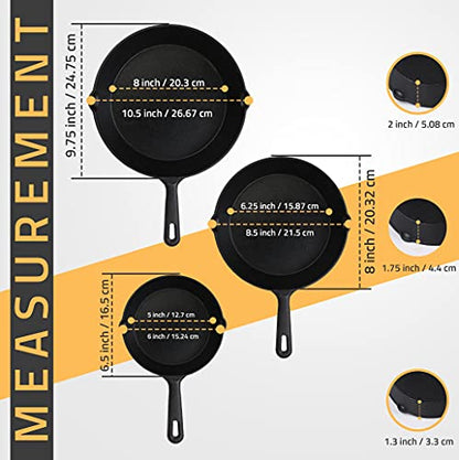 Utopia Kitchen - Saute fry pan - Pre-Seasoned Cast Iron Skillet Set 3-Piece - Nonstick Frying Pan 6 Inch, 8 Inch and 10 Inch Cast Iron Set (Black)