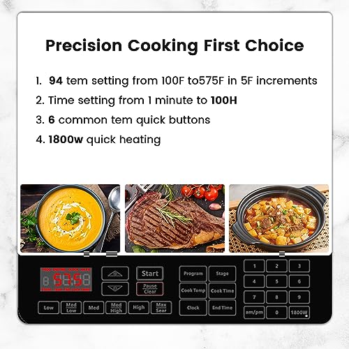 Nuwave PIC Double, Portable, Powerful 1800W with 2 Large 8” Heating Coils, Independent Controls, 94 Temp Settings from 100°F to 575°F in 5°F Increments, 11.5” Shatter-Proof Ceramic Glass Surface