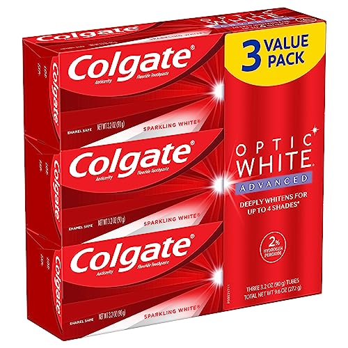 Colgate Optic White Advanced Teeth Whitening Toothpaste, 2% Hydrogen Peroxide Toothpaste, Sparkling White, 3.2 Oz, 3 Pack