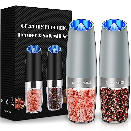 Gravity Electric Pepper and Salt Grinder Set, Adjustable Coarseness, Battery Powered with LED Light, One Hand Automatic Operation, Light Grey, 2 Pack