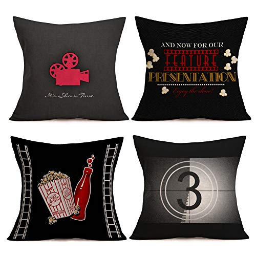 Asminifor Throw Pillow Cover Movie Theater with Popcorn Drink Film Reels Decorative Pillow Case Home Couch Decor Square 18 x 18 Inch Set of 4 Cinema Cushion Pillowcase (Black Cinema)