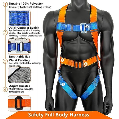 GLOROUSCHU Full Body Safety Harness Tool Fall Protection，OSHA/ANSI Compliant,ASTM F1774certified | INTERNAL Shock Absorbing Lanyard（Orange）