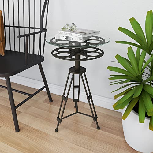 Deco 79 Metal Film Reel Accent Table with Tripod Legs and Glass Top, 15" x 15" x 25", Brown