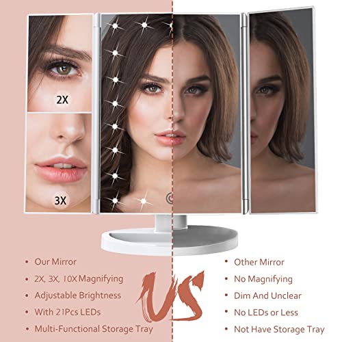 HUONUL Makeup Mirror Vanity Mirror with Lights, 1x 2X 3X Magnification, Lighted Makeup Mirror, Touch Control, Trifold Makeup Mirror, Dual Power Supply, Portable LED Makeup Mirror, Women Gift