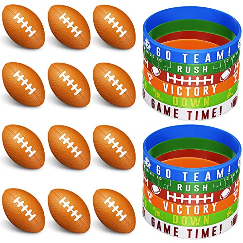 24 Pieces Football Party Favors Include 12 Pieces Mini Football Sports Stress Balls and 12 Pieces Football Silicone Bracelets Rugby Silicone Wristbands for Football Themed Birthday Party School Reward