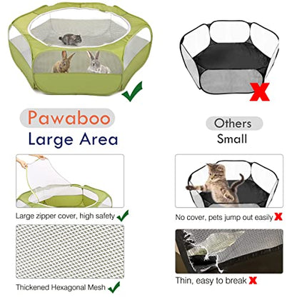 Pawaboo Small Animals Playpen, Waterproof Small Pet Cage Tent with Zippered Cover, Portable Outdoor Yard Fence with 3 Metal Rod for Kitten/Puppy/Guinea Pig/Rabbits/Hamster/Chinchillas, Green