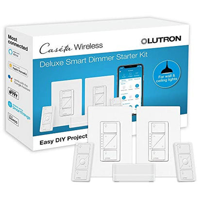 Lutron Caseta Deluxe Smart Dimmer Switch (2 Count) Kit with Caseta Smart Hub | Works with Alexa, Apple Home, Ring, Google Assistant | P-BDG-PKG2W-A | White