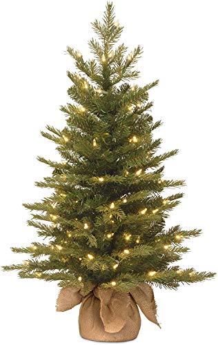 National Tree Company Pre-Lit 'Feel Real' Artificial Mini Christmas Tree, Green, Nordic Spruce, White Lights, Includes Burlap Bag Base, 3 Feet