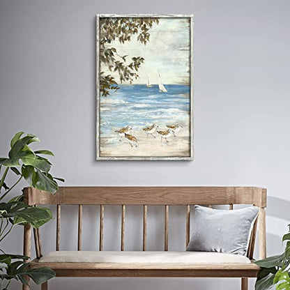 Abstract Coastal Wooden Artwork Framed: Beach Painting Hand Painted Wall Art for Living Room (24" W x 36" H, Multi-Sized)