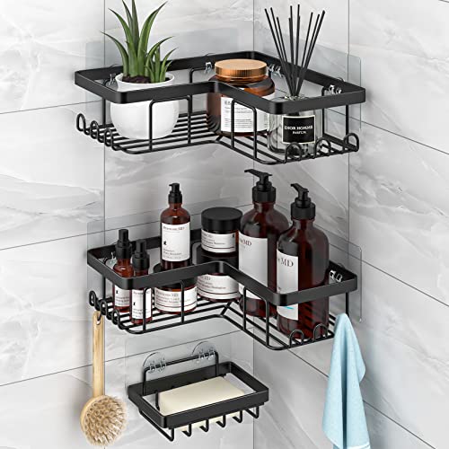 YASONIC Corner Shower Caddy, 3-Pack Adhesive Shower Caddy with Soap Holder and 12 Hooks, Rustproof Stainless Steel Bathroom Shower Organizer, No Drilling Wall Mounted Shower Rack, for Bathroom, Black