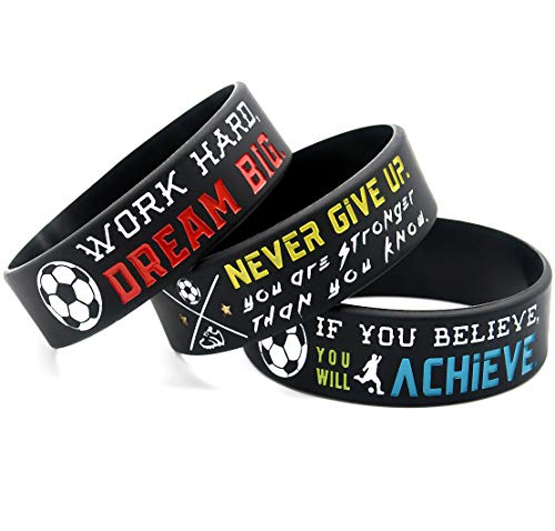 (6-Pack) Motivational Soccer Wristbands with Sports Quotes - Soccer Gifts Jewelry Accessories for Soccer Players Team Awards Party Favors - Unisex for Men Women Youth Teen Girls Boys