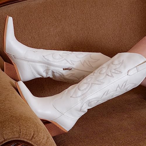 Pasuot White Cowboy Boots for Women - Wide Calf Cowgirl Knee High Western Boots with Side Zip and Embroidered, Pointed Toe Chunky Heel Retro Classic Tall Boot Pull On for Ladies Fall Winter Size 8