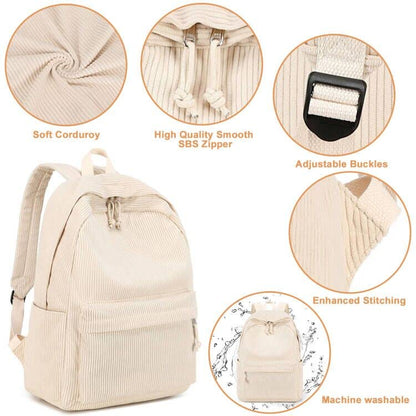 School Backpack for Teens Large Corduroy Bookbag Lightweight 17 inch Laptop Bag for Girls Women Casual High School College (Corduroy-Beige)