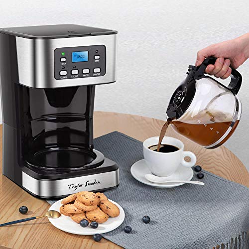 Taylor Swoden Programmable Coffee Maker, 4-12 Cups Drip Coffee Machine with Glass Carafe, Regular & Strong Brew, Pause & Serve for Home and Office