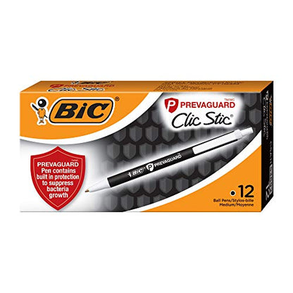 BIC PrevaGuard Clic Stic Ballpoint Pen With Built-in Protection To Suppress Bacteria Growth, Medium Point (1.0mm), Black, 12-Count