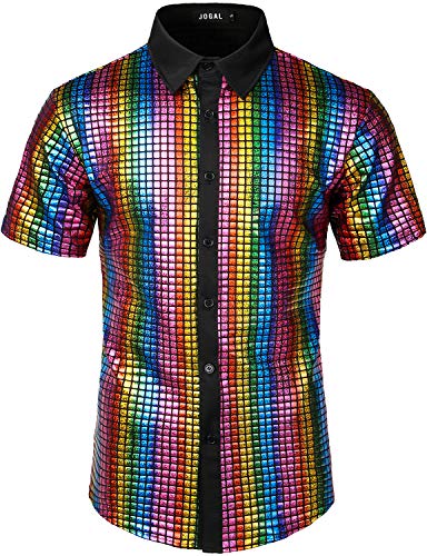 JOGAL Men's Sequins Short Sleeve Button Down Shirts 70s Disco Party Costume Large A353 Multicoloured