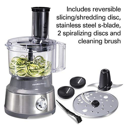 Hamilton Beach Food Processor & Vegetable Chopper for Slicing, Shredding, Mincing, and Puree, 10 Cups + Veggie Spiralizer makes Zoodles and Ribbons, Grey and Stainless Steel (70735)