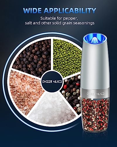 Gravity Electric Pepper and Salt Grinder Set, Adjustable Coarseness, Battery Powered with LED Light, One Hand Automatic Operation, Light Grey, 2 Pack