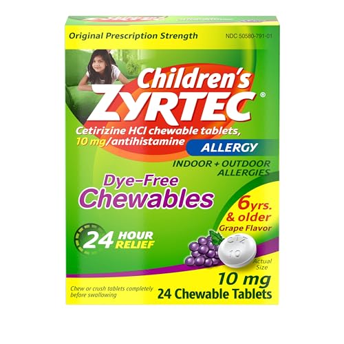 Zyrtec Children's Dye-Free Chewables for 24 Hour Allergy Relief, 10 mg Cetirizine HCl Antihistamine Tablets, Kids Allergy Medicine Relieves Sneezing & Itchy Nose & Throat, Grape, 24 ct