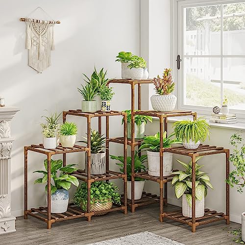 Bamworld Plant Stand Indoor Outdoor Corner Plant Shelf 11 Potted Large Plant Holder for Multiple Plants Wooden Tall Plant Stands Combo Plant Table Plant Rack for Garden Patio Lawn Window