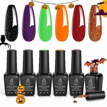 Beetles Halloween Gel Nail Polish Set, Hocus Pocus Collection Fall Winter Orange Green Purple Black Glitter Gel Polish Set Soak Off Nail Lamp LED Cured Nail Art Design Manicure Kit Gifts for Women