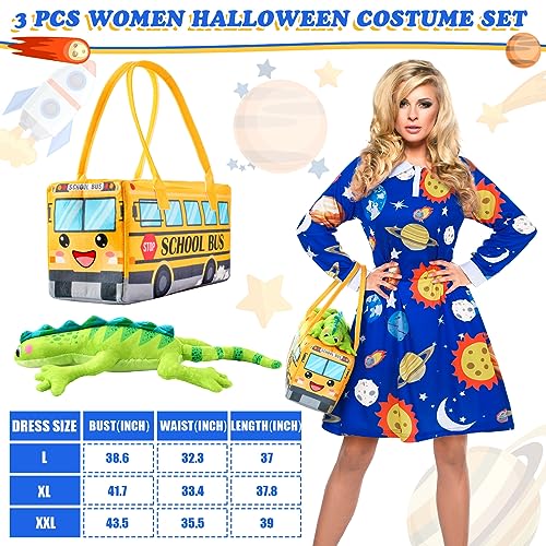 3 Pcs Women Halloween Costume Set Vintage Long Sleeve Dress with School Bus Bag for Role Party (Planet Print Blue,X-Large)
