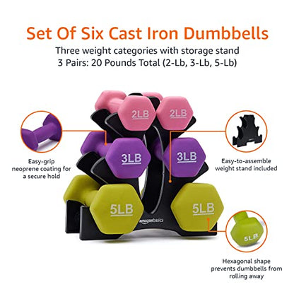 Amazon Basics Neoprene Coated Hexagon Workout Dumbbell Color Coded Hand Weight with Storage Rack, 20 Pounds (3 Pairs set of 2, 3, and 5 Pounds), Multicolor