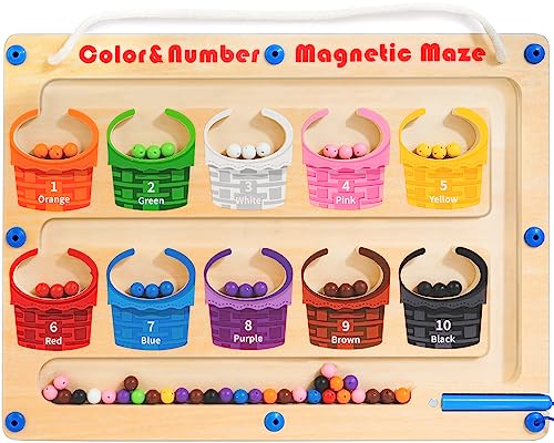 Winique Magnetic Color and Number Maze - Montessori Toys for 3 Years Old Boys Girls Wooden Magnet Board Puzzles, Fine Motor Skills Learning Toys Toddler Activities Counting Matching Games