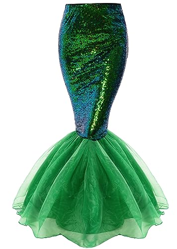 Funna Mermaid Costume for Women Sequin Tail Maxi Skirt Halloween Party Green, Medium