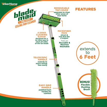 Blade Maid Deluxe Ceiling Fan Cleaner- Dust Cleaning Tool with 6 Foot Extendable Pole, Cleaning Head, Reusable Fiber Duster, & Flexible Dusting Brush