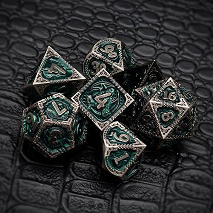 Haxtec DND Dice Set Metal D&D Dice Set with Leather Dice Bag Antique Iron Green Metal Polyhedral Dice for Dungeons and Dragons TTRPG Gifts