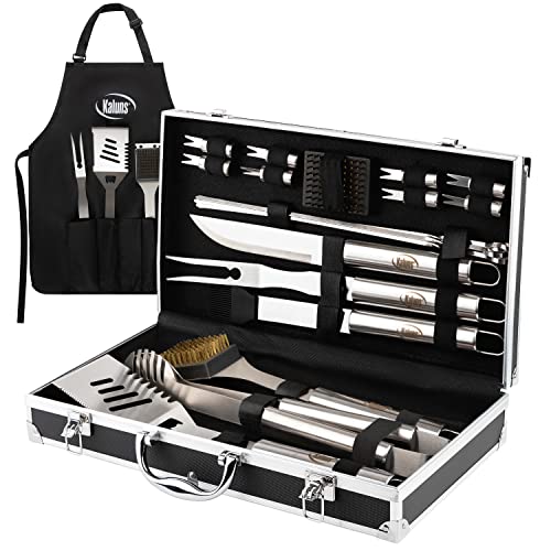 Kaluns BBQ Grill Accessories, Grilling Accessories for Outdoor Grill, Heavy Duty Stainless Steel Grill Set with Aluminum Case and Apron, Barbeque Tools, Grilling Gifts for Men, Women, Dad