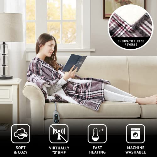 Beautyrest Ultra Soft Sherpa Berber Fleece Electric Poncho Wrap Blanket Heated Throw with Auto Shutoff, 50 in x 64 in, Grey Plaid