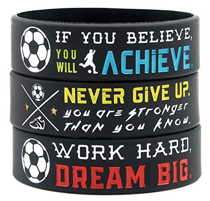 (6-Pack) Motivational Soccer Wristbands with Sports Quotes - Soccer Gifts Jewelry Accessories for Soccer Players Team Awards Party Favors - Unisex for Men Women Youth Teen Girls Boys