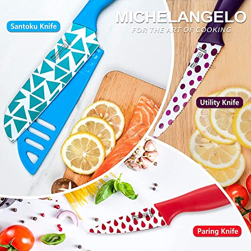 MICHELANGELO Knife Set, Kitchen Knife 10 Piece with Nonstick Colored Coating, Sharp Stainless Steel Kitchen Knife Set, Patterned Knives with Covers, Kitchen Knives, 5 Knives & 5 Sheath Covers