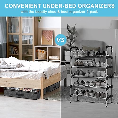 2 Pack Under Bed Shoe Storage Organizer for Closet, Fits Total 32 Pairs Foldable Underbed Shoes Containers Boxes Under the Bed Storage Bedding with Sturdy Handles&Clear Window for College Dorms, Grey