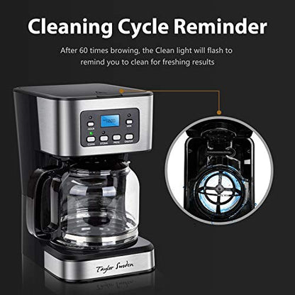 Taylor Swoden Programmable Coffee Maker, 4-12 Cups Drip Coffee Machine with Glass Carafe, Regular & Strong Brew, Pause & Serve for Home and Office